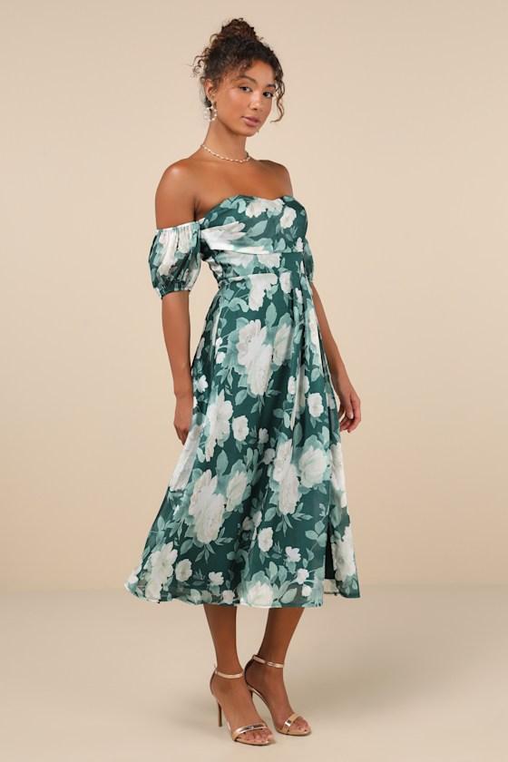 Composed Delight Green Floral Off-the-Shoulder Midi Dress Product Image