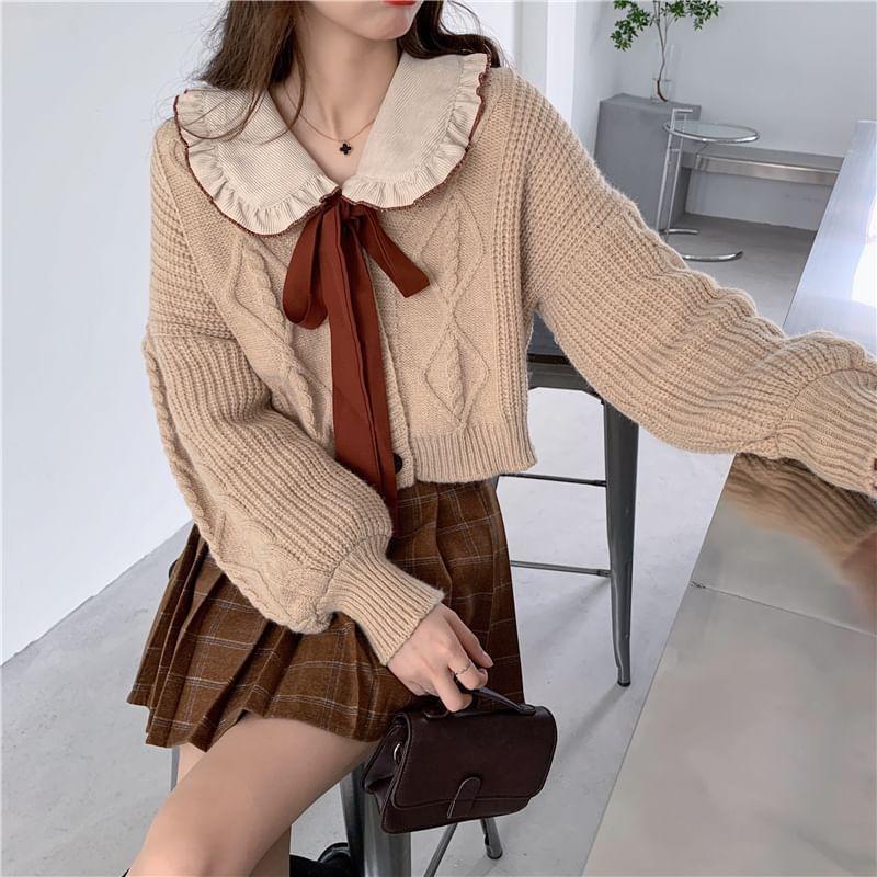 Cardigan / Tie-Neck Blouse / Plaid Pleated Skirt Product Image