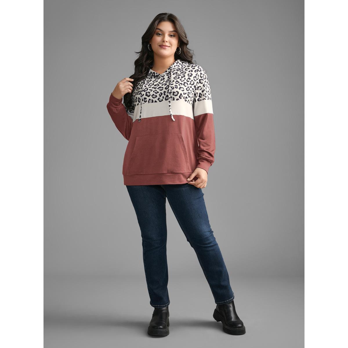 Plus Size Leopard Print Patchwork Contrast Drawstring Sweatshirt Women DustyPink Casual Contrast Hooded Everyday Sweatshirts BloomChic 30/6X Product Image