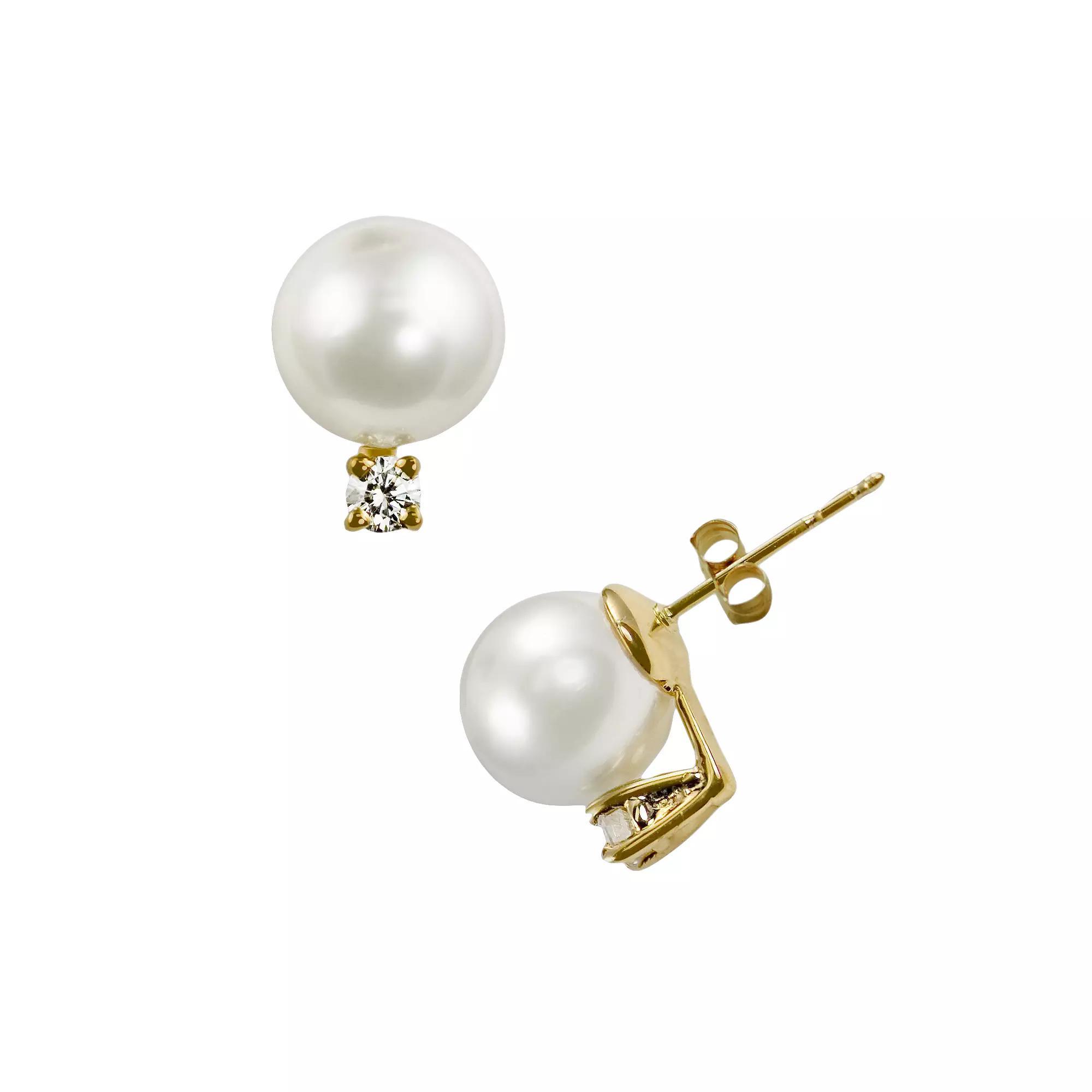 14k Gold Akoya Cultured Pearl and Diamond Accent Stud Earrings, Womens, White Product Image