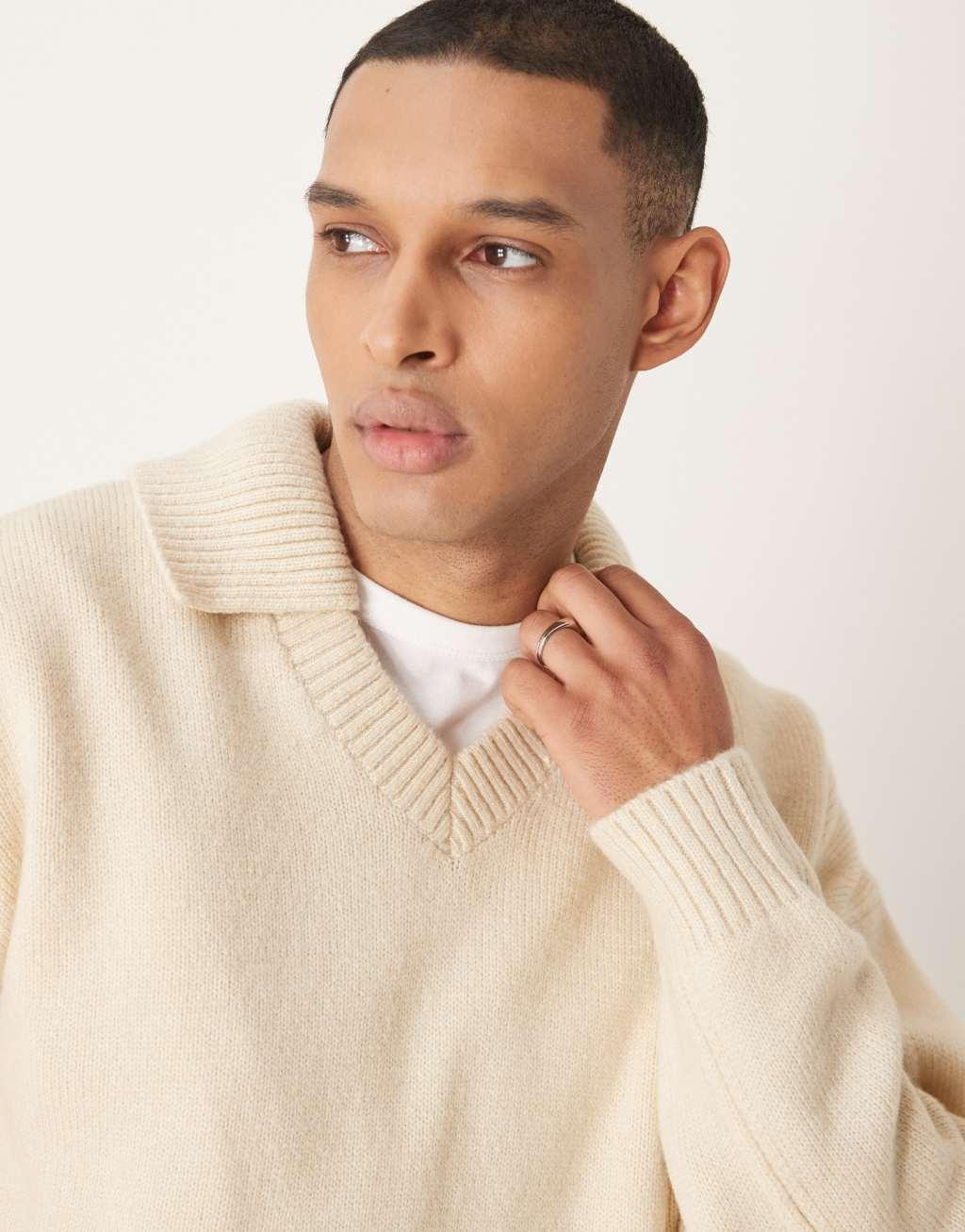 ASOS DESIGN oversized boxy fit knitted notch neck sweater in stone Product Image