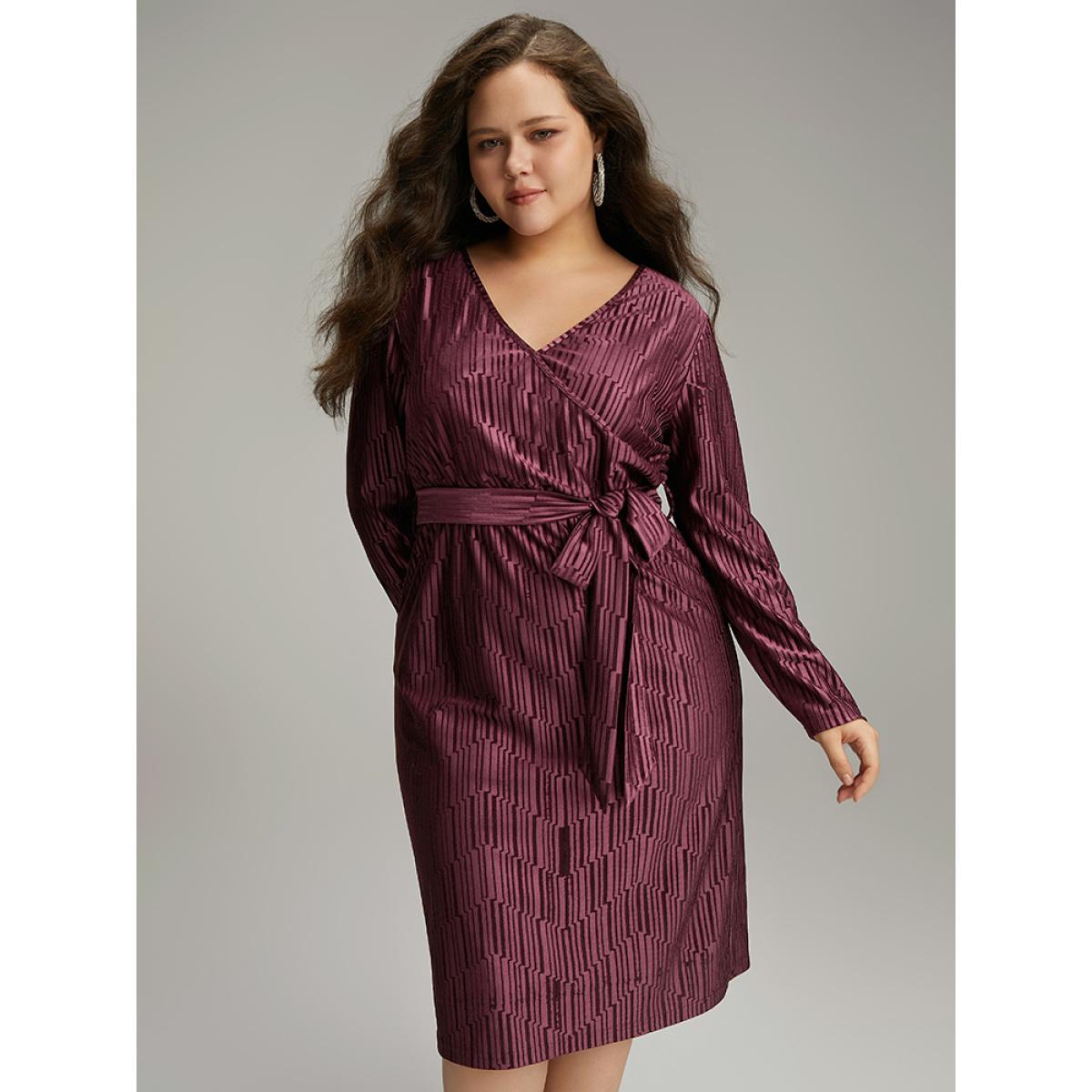 Plus Size Geometric Velvet Belted Split Hem Dress RedViolet Women Cocktail Wrap Overlap Collar Long Sleeve Curvy Knee Dress BloomChic 10/M Product Image