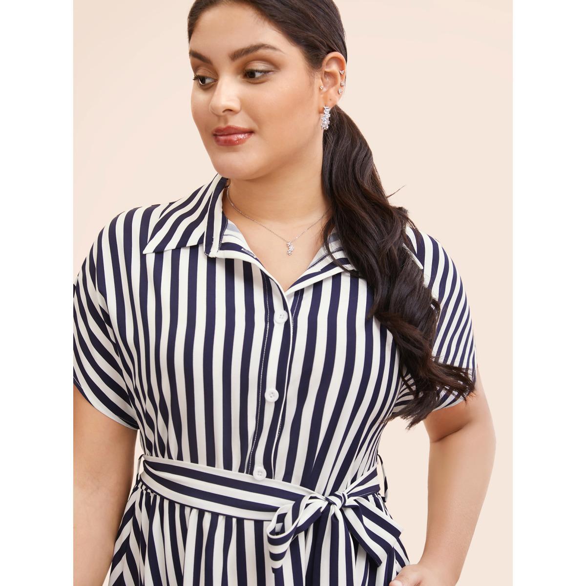 Plus Size Shirt Collar Striped Hanky Hem Dress Skyblue Women Workwear Essentials Belted Shirt collar Short sleeve Curvy BloomChic 26/4X Product Image