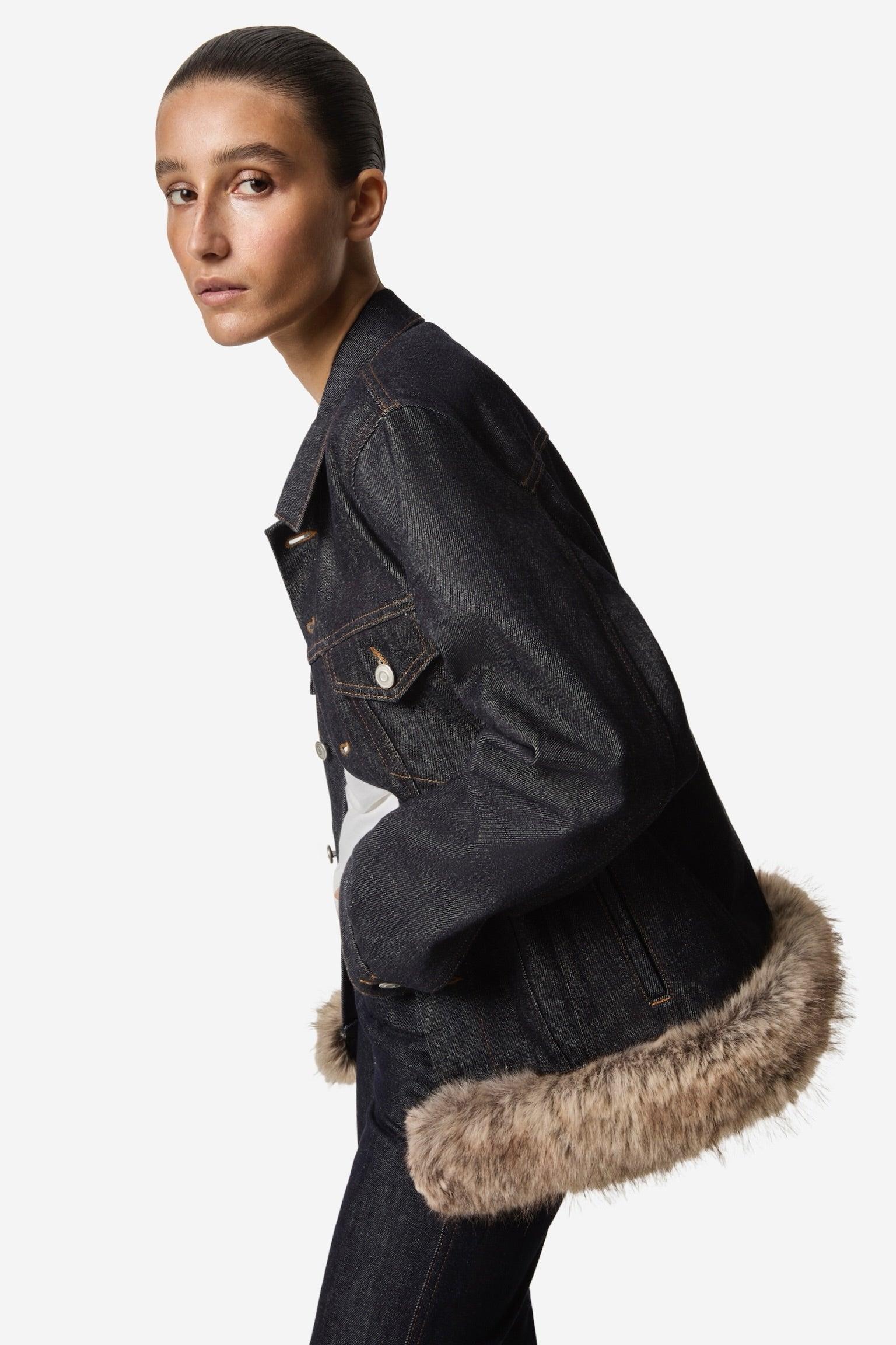 Faux Fur Hem Denim Jacket Product Image