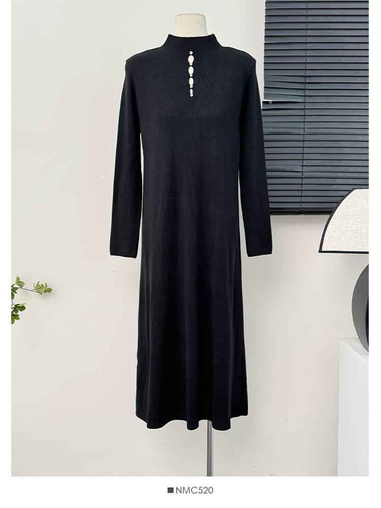 Window-Front Mock-Neck Knit Midi Dress in 5 Colors Product Image