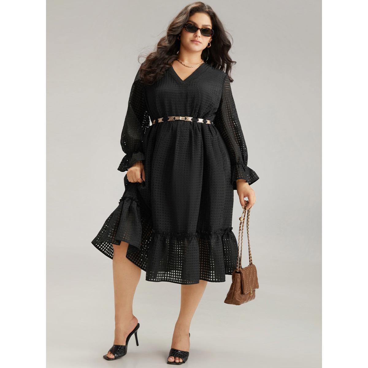 Plus Size Solid Pocket Mesh Frill Trim Dress Black Women Elegant See through V-neck Long Sleeve Curvy Midi Dress BloomChic 10/M Product Image
