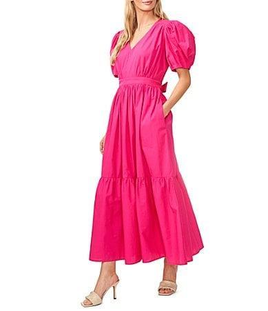 CeCe Cotton Poplin Short Puff Sleeve Maxi Dress (Bright Rose) Women's Clothing Product Image