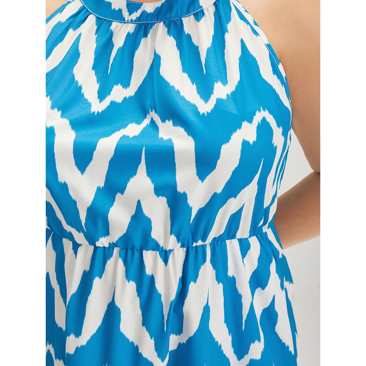 Plus Size Geometric Print Halter Pocket Ruffle Tiered Dress Blue Women Elegant Contrast Halter neck Sleeveless Curvy Midi Dress BloomChic 30/6X Product Image