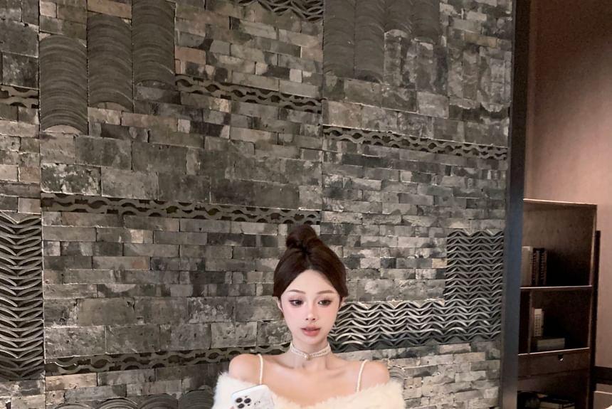 Plain Fluffy Cropped Capelet / Flared-Sleeve Cold-Shoulder Flower Embroidered Mini A-Line Dress Product Image