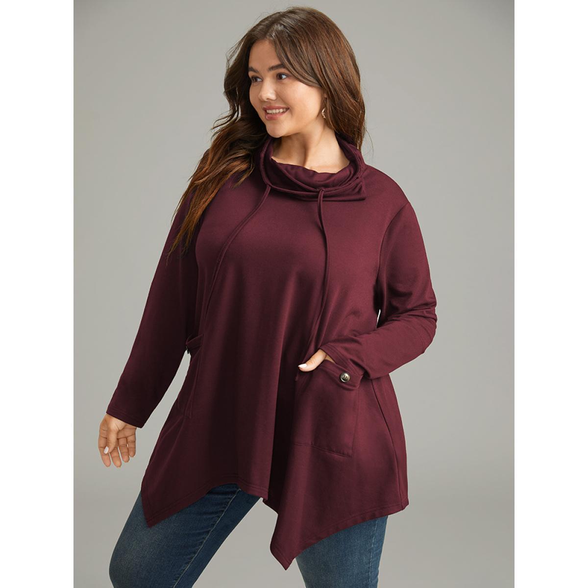 Plus Size Halloween Asymmetrical Pocket Lapel Collar Sweatshirt Women Burgundy Casual Plain Lapel Collar Festival-Halloween Sweatshirts BloomChic 12/L Product Image