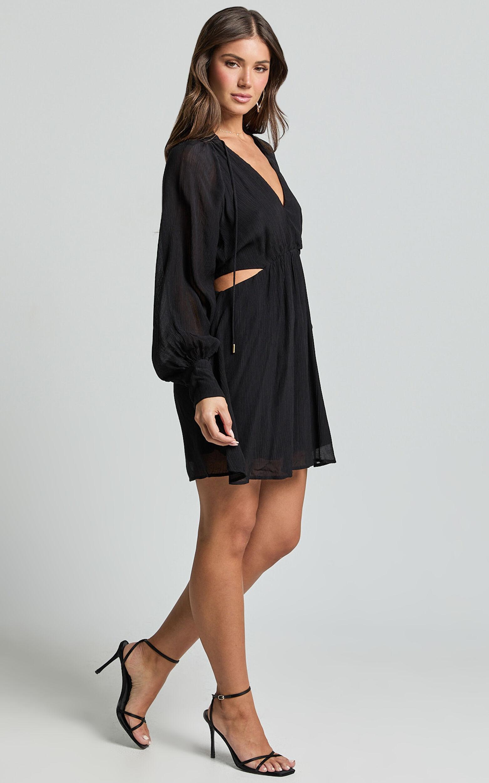 Xandria Mini Dress - Blouson Sleeve Cut Out Dress in Black Product Image