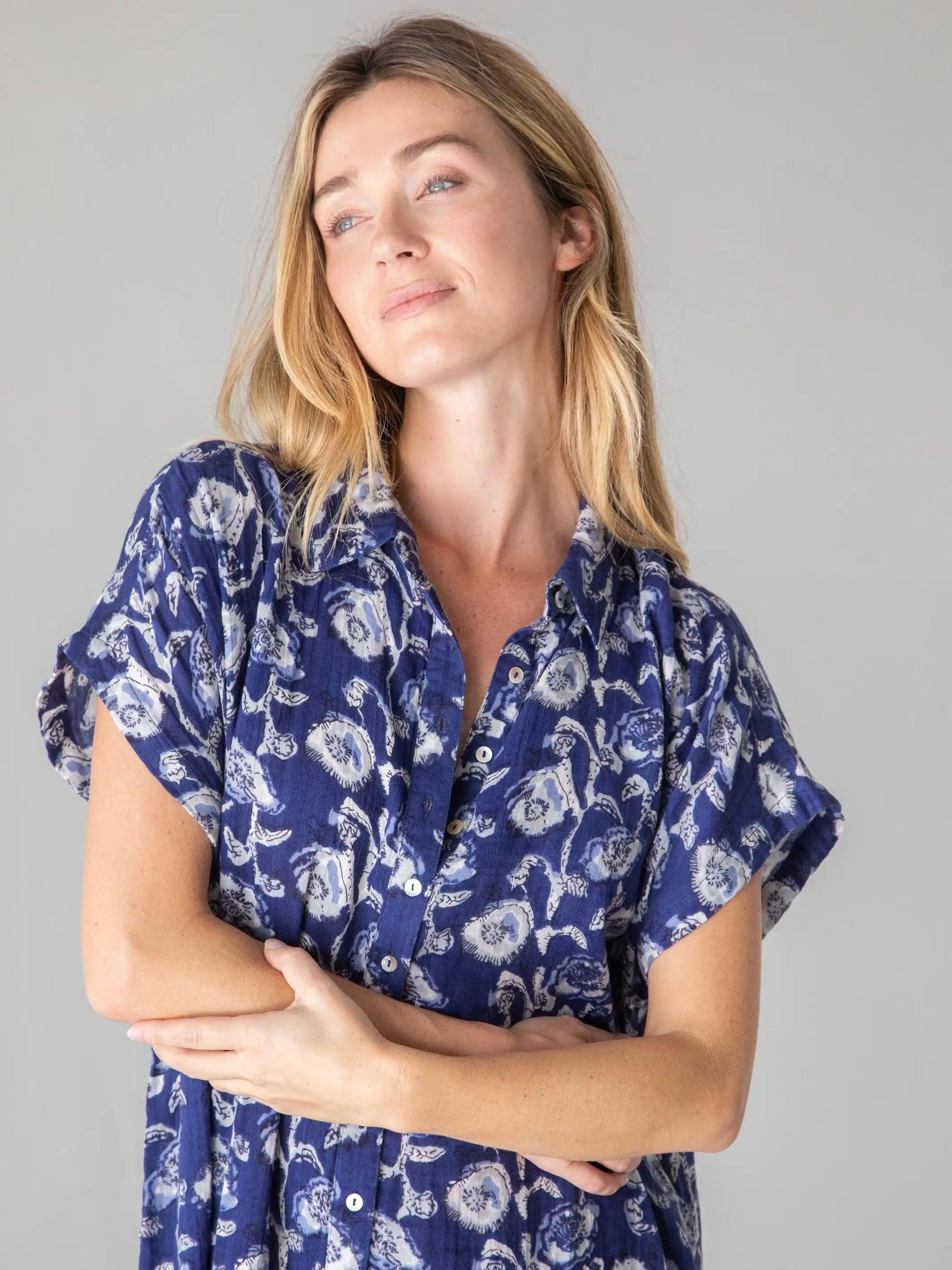 Take It Easy Cotton Gauze Midi Dress - Navy Cream Vines Product Image