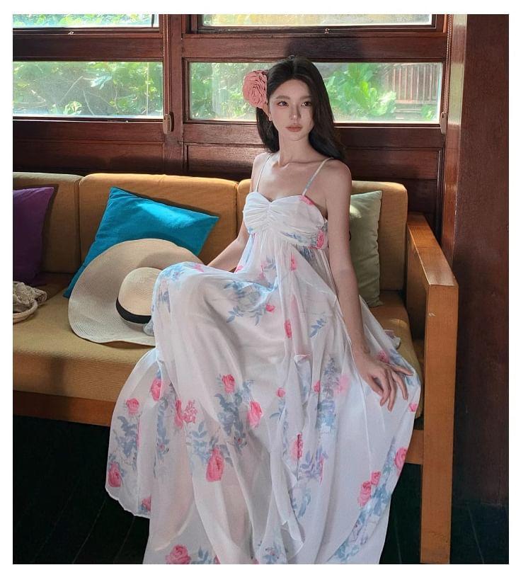 Spaghetti Strap Floral Ruffle Trim Maxi A-Line Sundress Product Image