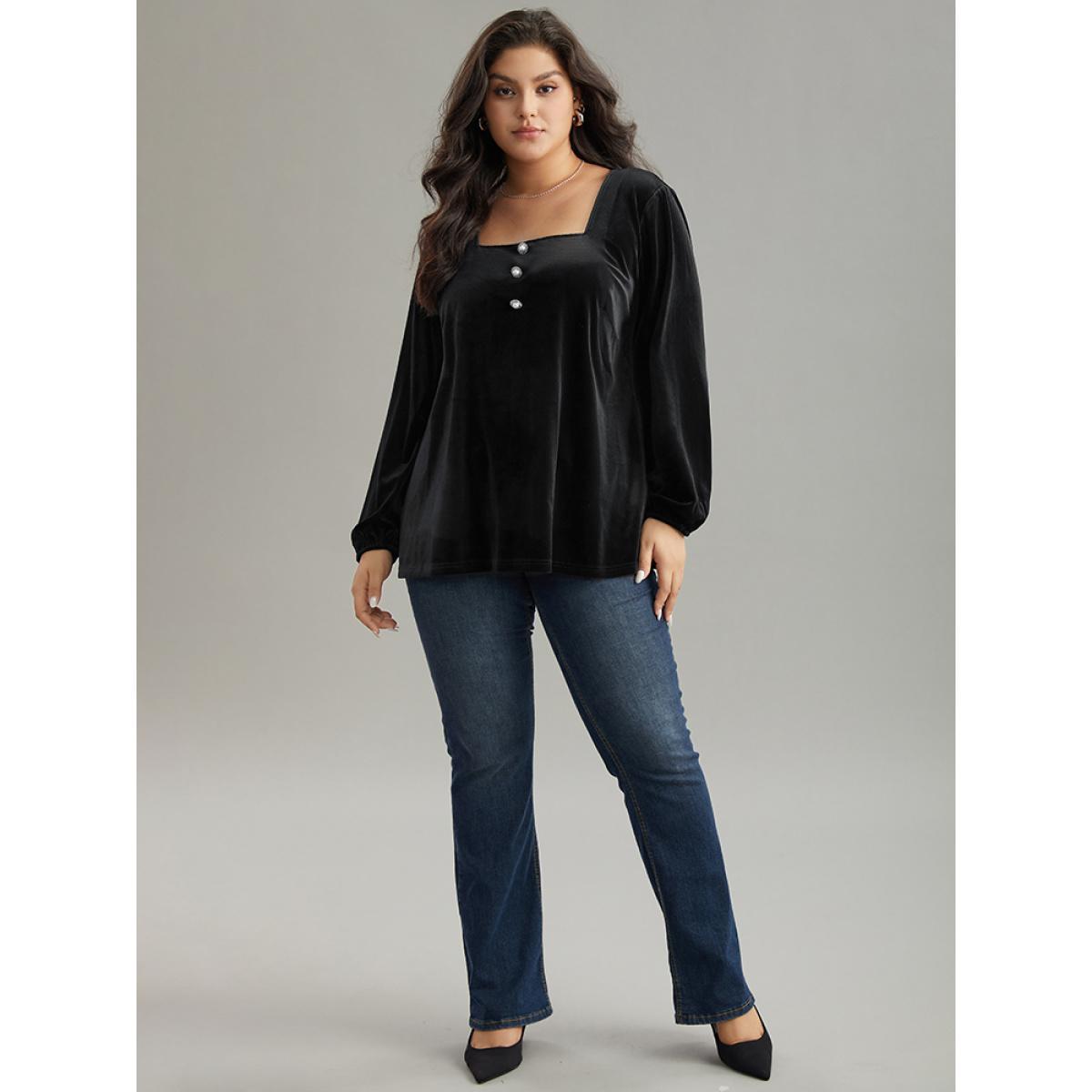 Plus Size Black Velvet Metal Button Detail Blouse Women Elegant Long Sleeve Square Neck Dailywear Blouses BloomChic 10/M Product Image