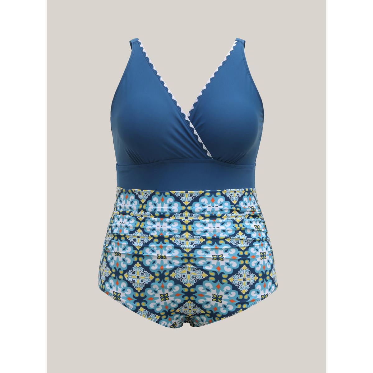Plus Size Embroidered Pleated Printed One-Piece Swimsuit Women's Swimwear Mediumblue Beach Texture Curve Bathing Suits High stretch One Pieces BloomChic 14-16/1X Product Image