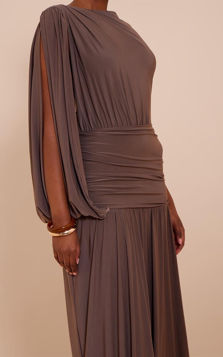Mushroom Double Layer Slinky Ruched One Shoulder Maxi Dress Product Image