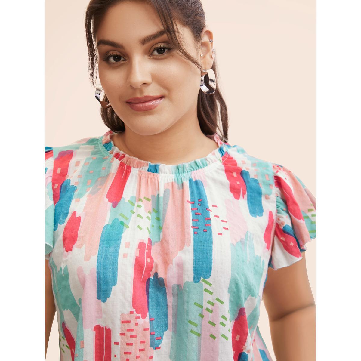 Plus Size Originalwhite Brush Print Split Side Cap Sleeve Blouse Women Elegant Cap Sleeve Stand-up collar Everyday Blouses BloomChic 14-16/1X Product Image