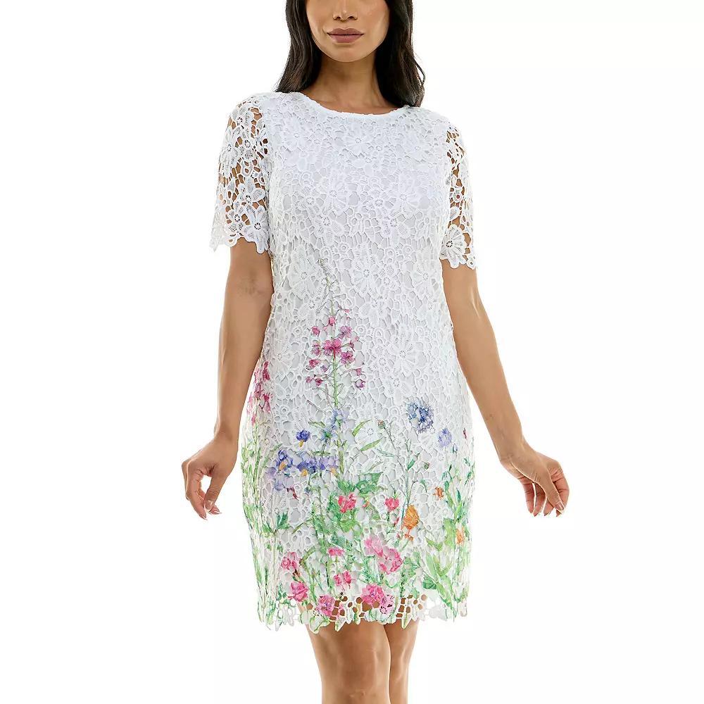 Women's Nina Leonard Floral Print Lace Trimmed Short Sleeve Mini Dress, Size: Small, White Team Product Image