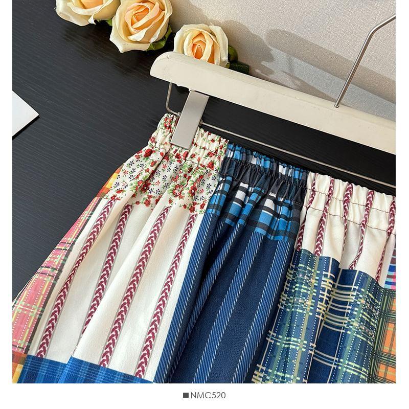 Patchwork Plaid A-Line Midi Skirt Product Image