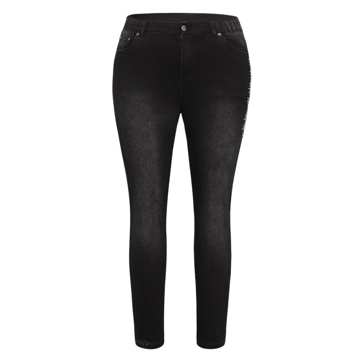 Plus Size Beaded Detail Pocket Very Stretchy Black Wash Jeans Women Black Casual Plain Beaded High stretch Pocket Jeans BloomChic 30/6X Product Image