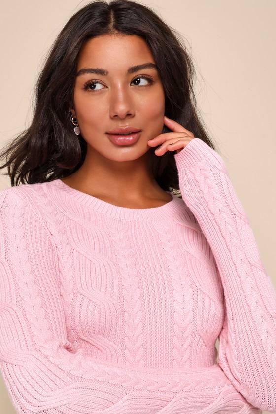 Cuddly Contentment Light Pink Cable Knit Cropped Sweater Product Image