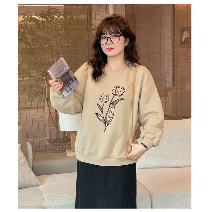 Plus Size Round Neck Drop Shoulder Floral Print Sweatshirt Product Image
