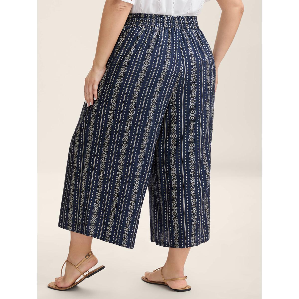 Plus Size Boho Stripe Tassel Wide-Leg Pants Women Indigo Resort Straight Leg Mid Rise Vacation Pants BloomChic 28/5X Product Image