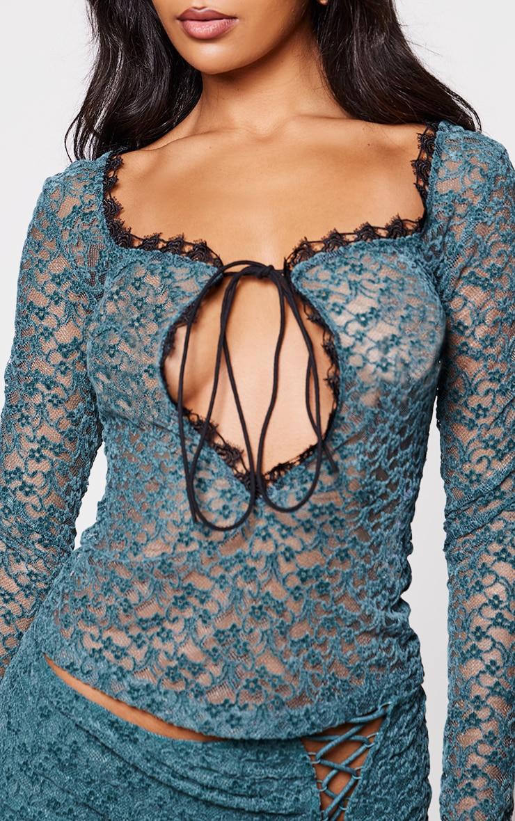 Teal Velvet Lace Tie Front Fitted Top Product Image