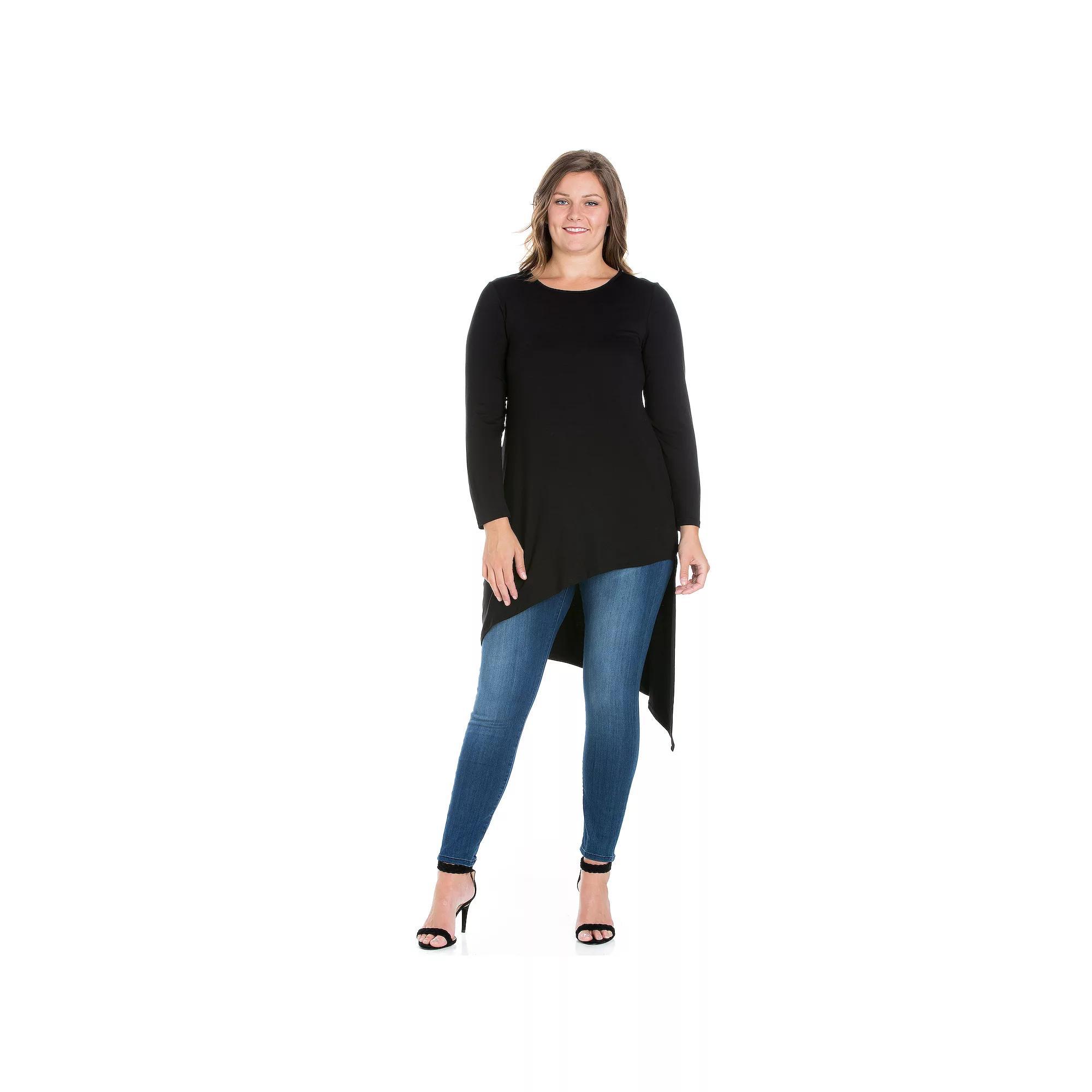Plus Size 24Seven Comfort Apparel Long Sleeve Knee Length Asymmetrical Tunic Top, Womens Purple Product Image