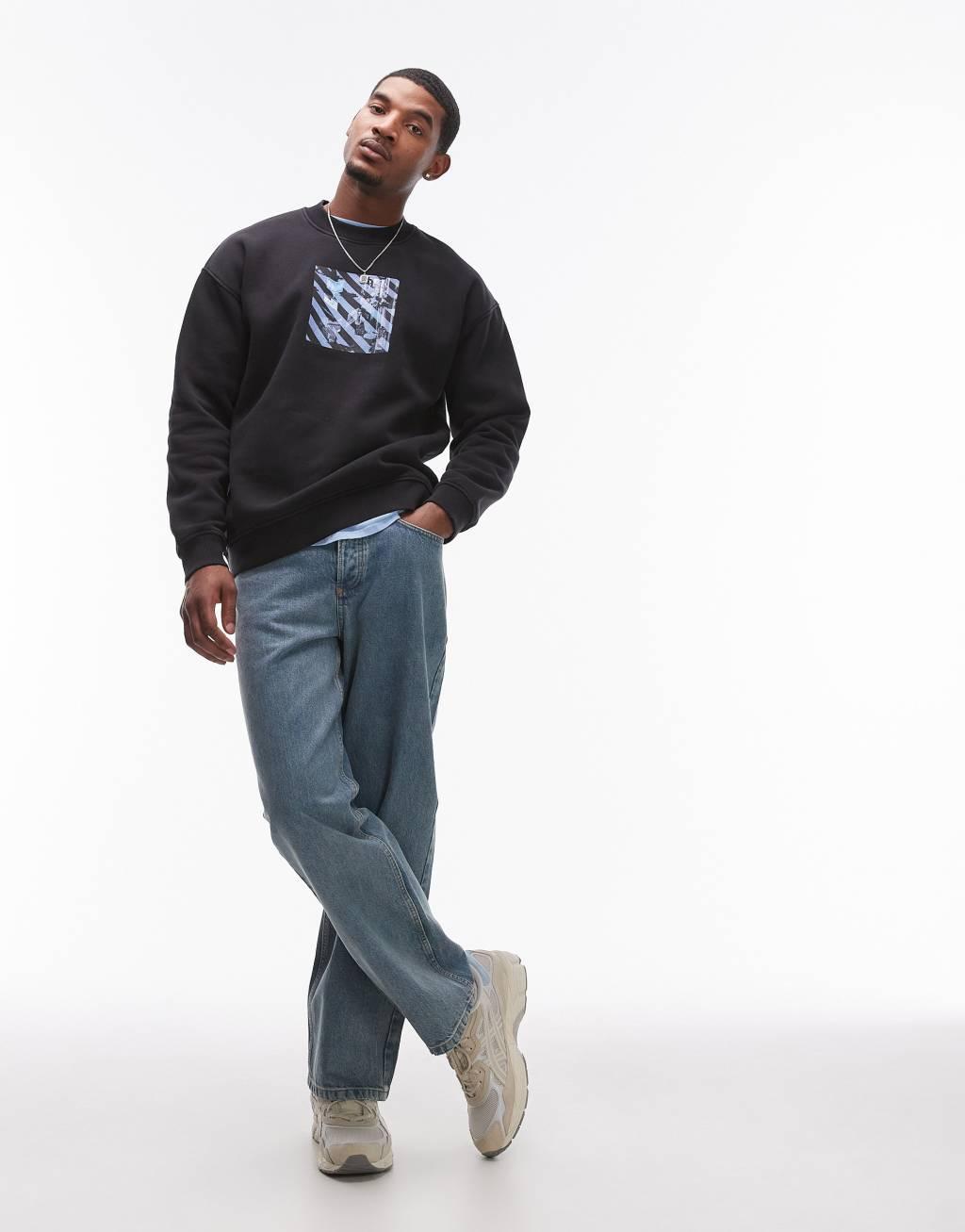Topman oversized fit sweatshirt with Tokyo street print in washed black Product Image