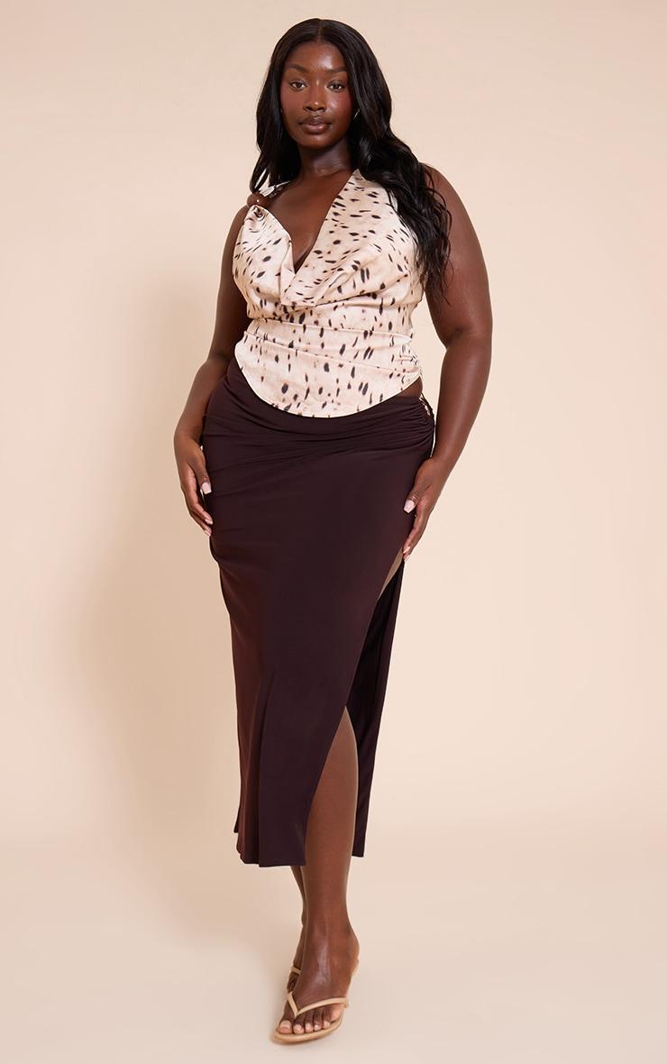 Plus Beige Printed Satin Trim Cowl Neck Top Product Image