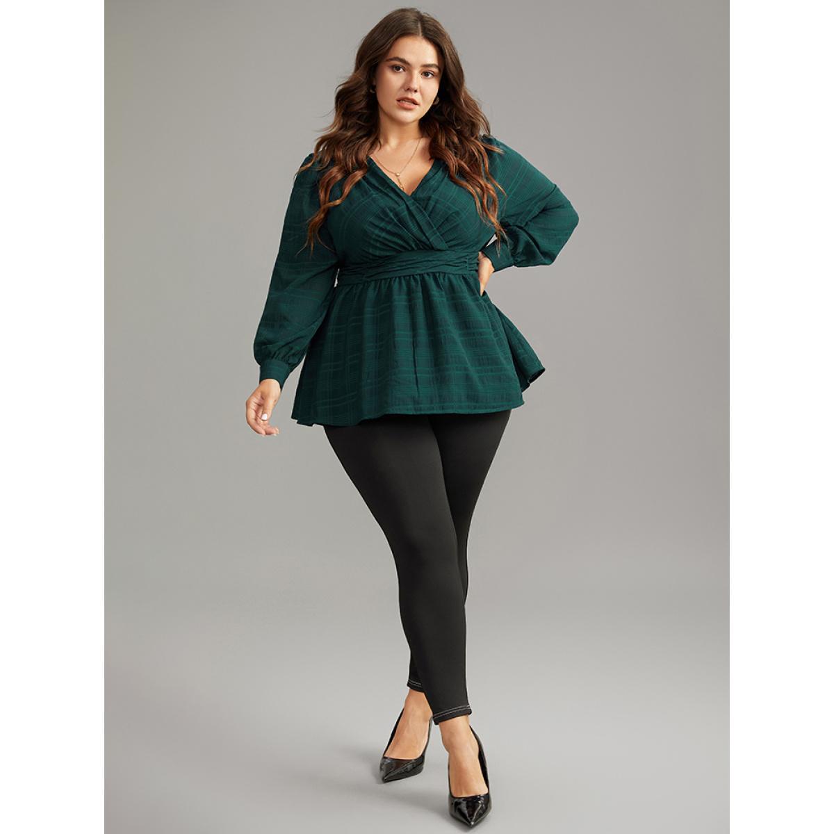 Plus Size DarkGreen Plaid Wrap Ruched Lantern Sleeve Blouse Women Office Long Sleeve V-neck Work Blouses BloomChic 10/M Product Image