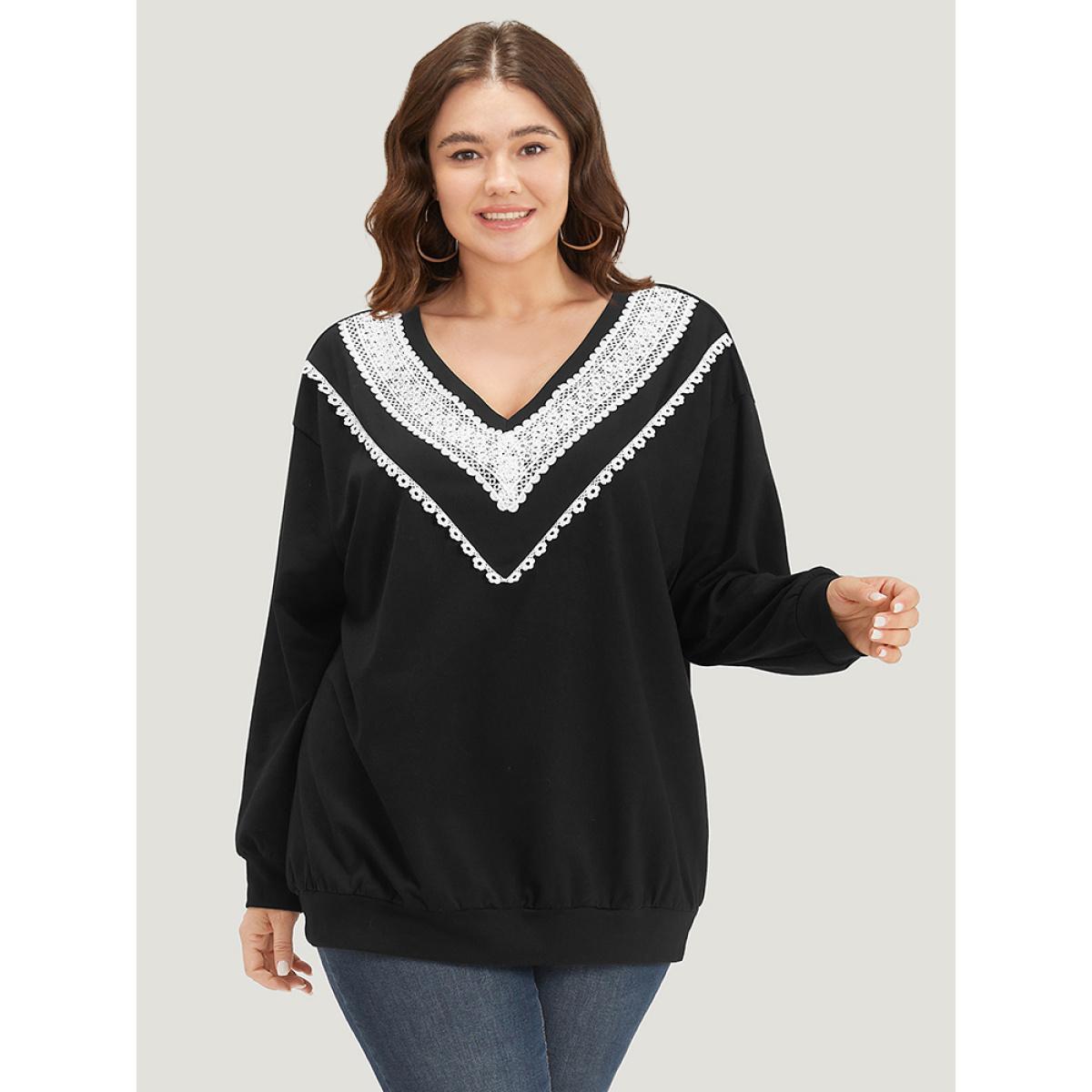 Plus Size Lace Insert V Neck Elastic Cuffs Sweatshirt Women Black Elegant Elastic cuffs V-neck Dailywear Sweatshirts BloomChic 14-16/1X Product Image