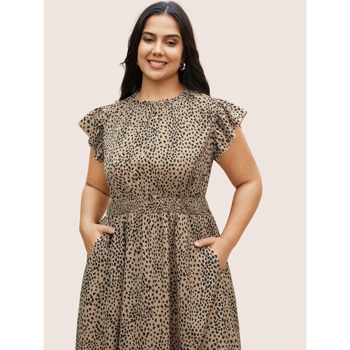 Plus Size Leopard Print Frill Trim Cap Sleeve Dress Bronze Women At the Office Round Neck Cap Sleeve Curvy BloomChic 22-24/3X Product Image