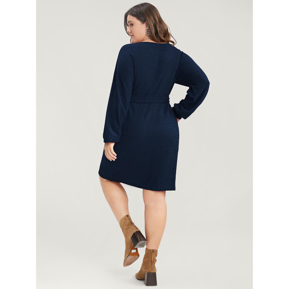 Plus Size Solid Surplice Neck Belted Knit Dress Navy Women Glamour Cross straps V-neck Long Sleeve Curvy Knee Dress BloomChic 10/M Product Image