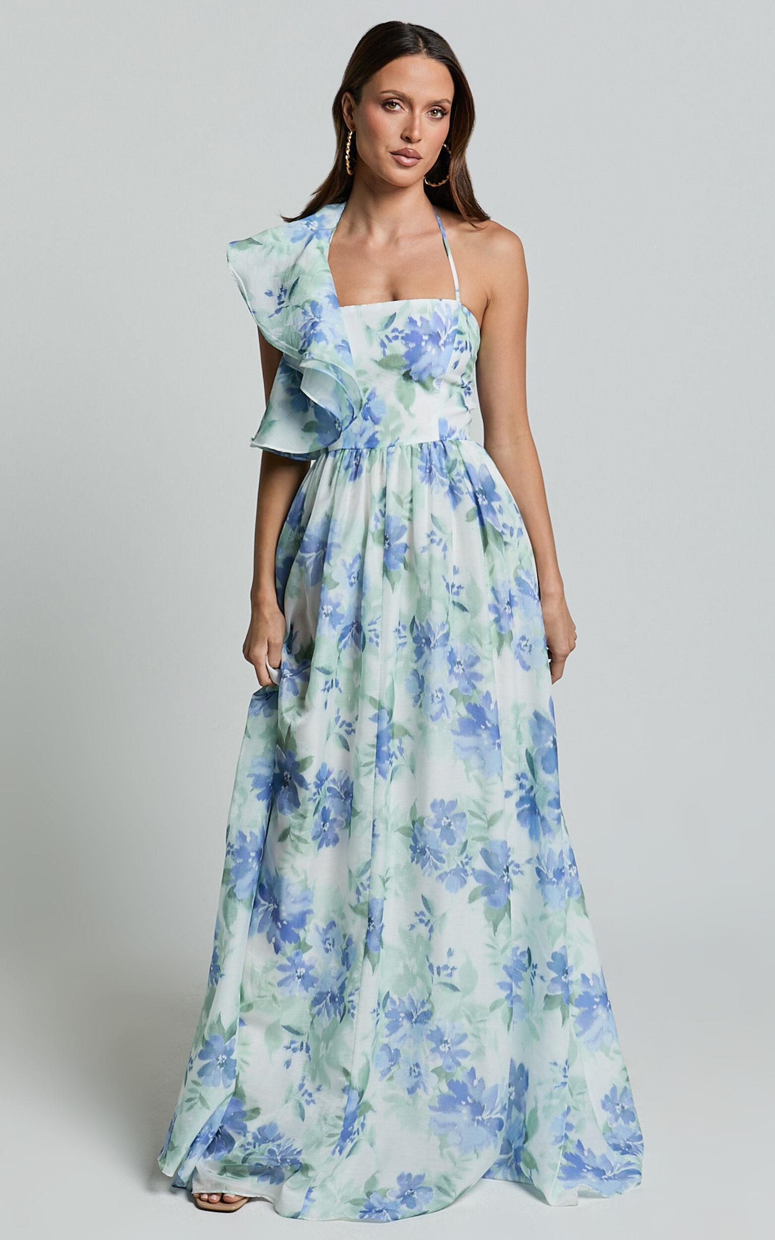 Amalie The Label - Fleur Halter Ruffle Detail A Line Maxi Dress in Elysian Print Product Image
