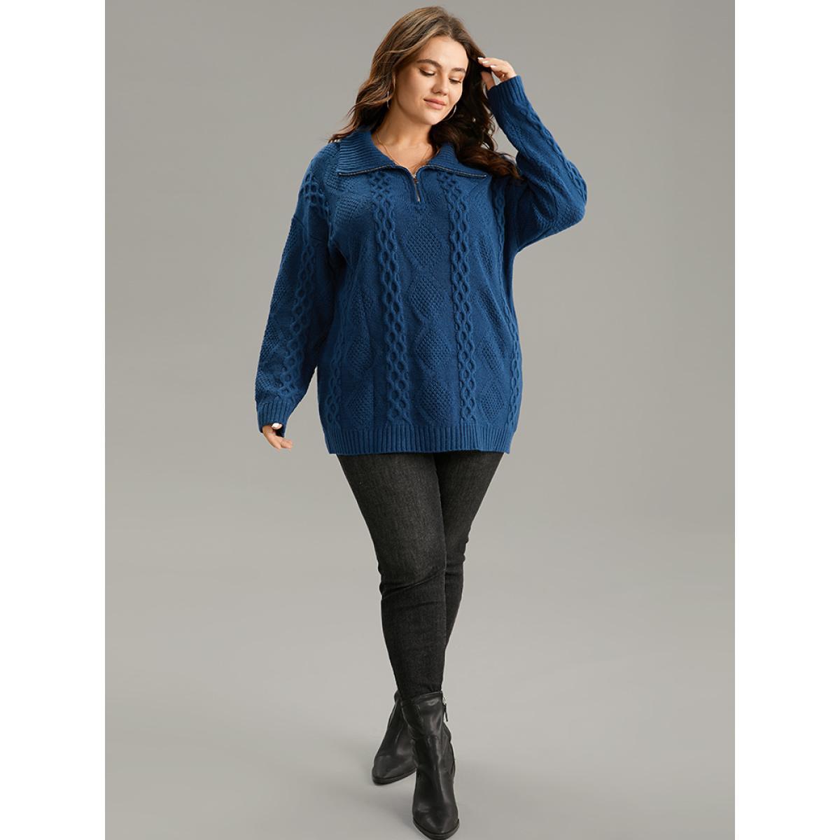 Plus Size Zipper Lapel Collar Cable Knit Pullover Indigo Women Casual Loose Long Sleeve Lapel Collar Dailywear Pullovers BloomChic 22-24/3X Product Image