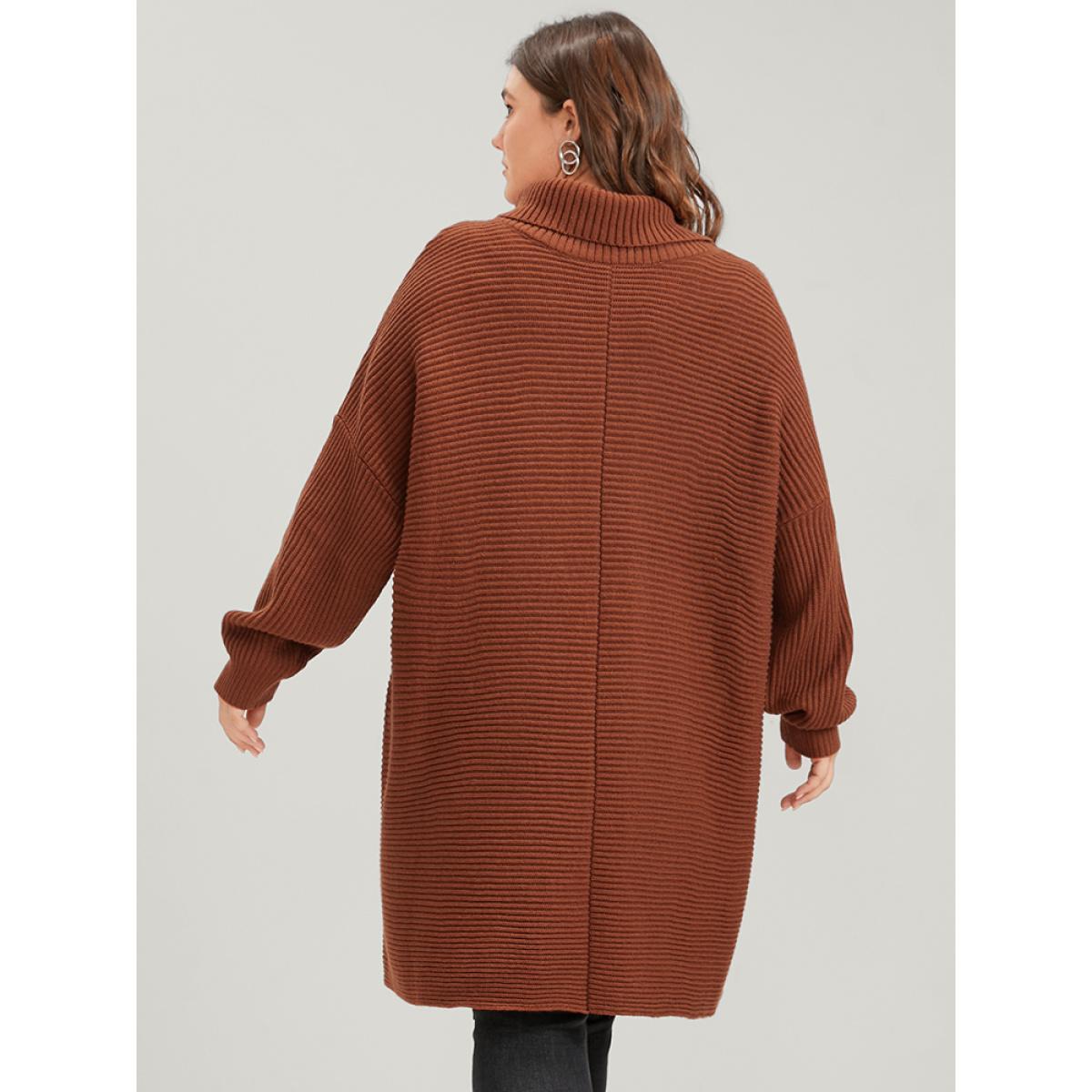 Plus Size Solid Pointelle Knit Dolman Sleeve Funnel Neck Knit Top Brown Women Elegant Oversized Long Sleeve Turtleneck Dailywear Pullovers BloomChic 30/6X Product Image
