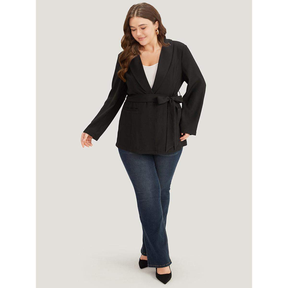 Plus Size Plain Ties Pocket Belted Lapel Collar Blazer Black Women Work Plain Plain Sleeve Long Sleeve Lapel Collar 14-16/1X Pocket Belt Workwear Essentials Blazers BloomChic Product Image