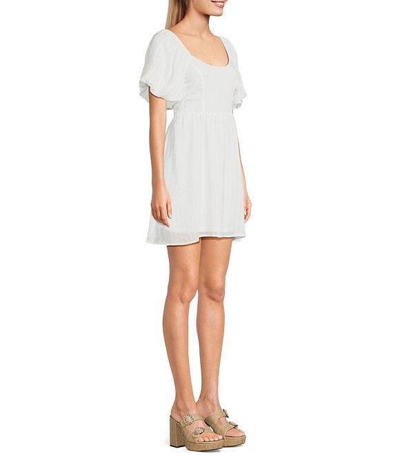 Midnight Doll Textured Check Puff Sleeve With Bow Back Detail Short Dress Product Image