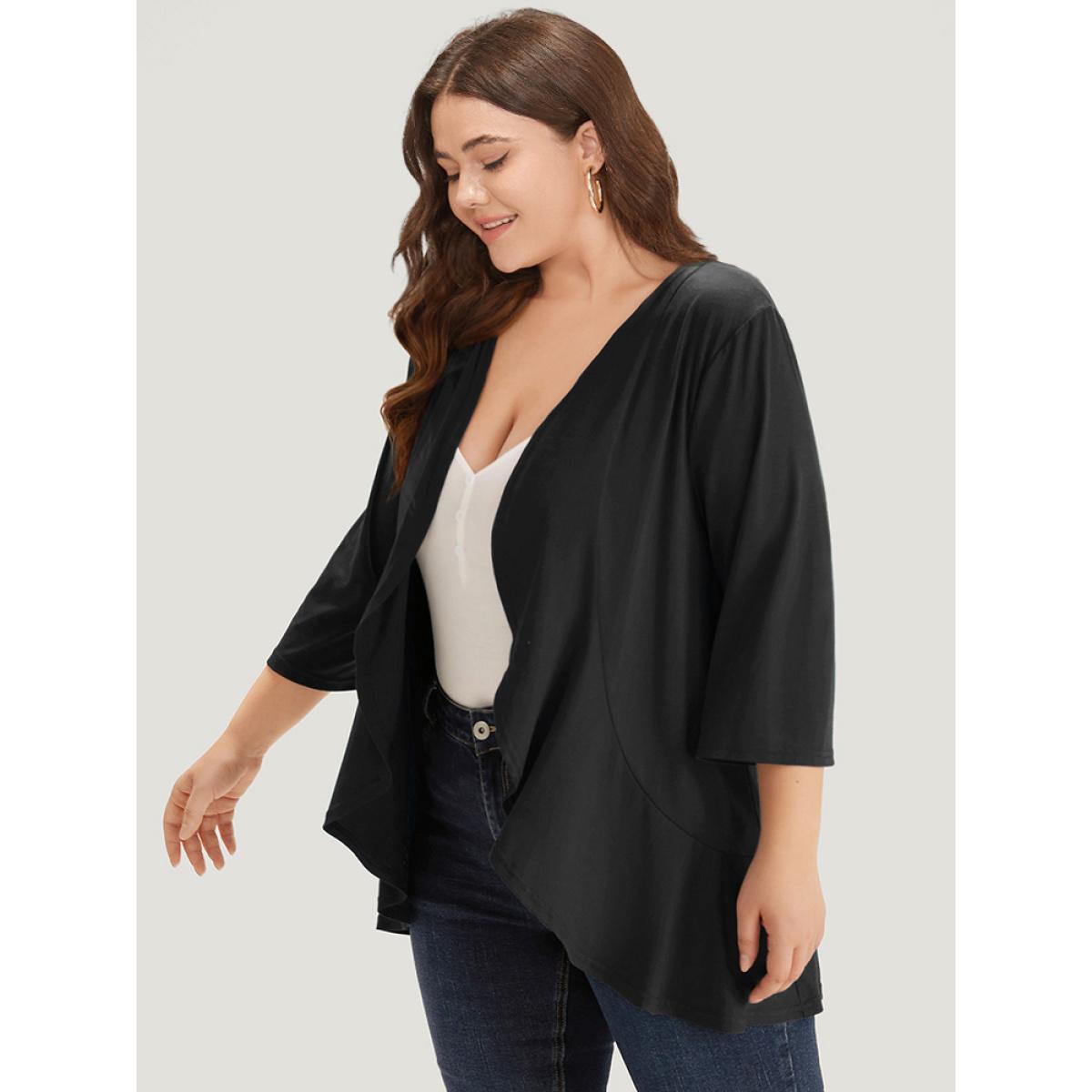 Plus Size Supersoft Essentials Drape Open Front Flutter Hem Kimono Women Black Casual Drape Dailywear Kimonos BloomChic 26/4X Product Image