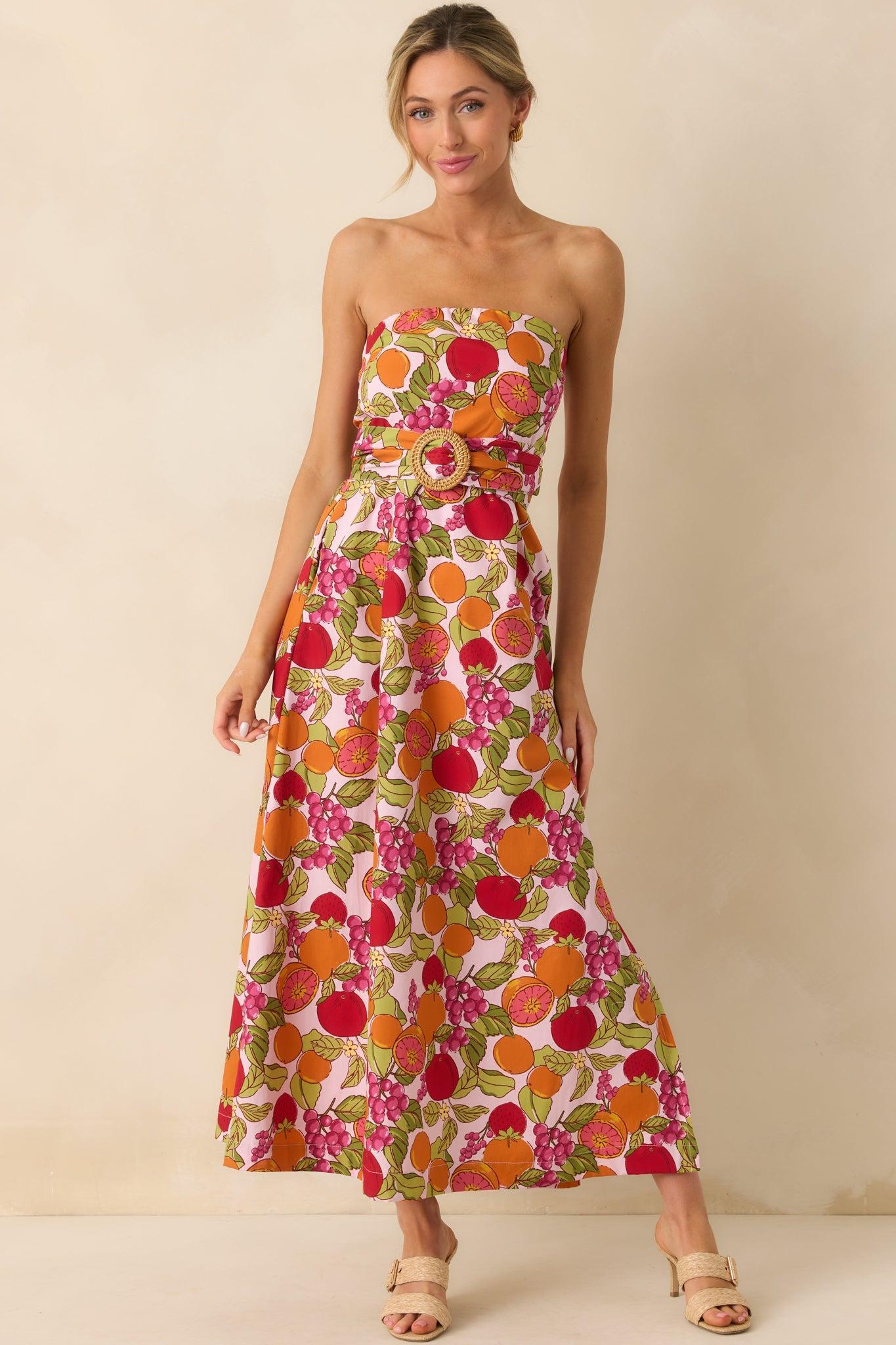 Sweetness To Spare Pink Fruit Print Cotton Strapless Maxi Dress Product Image