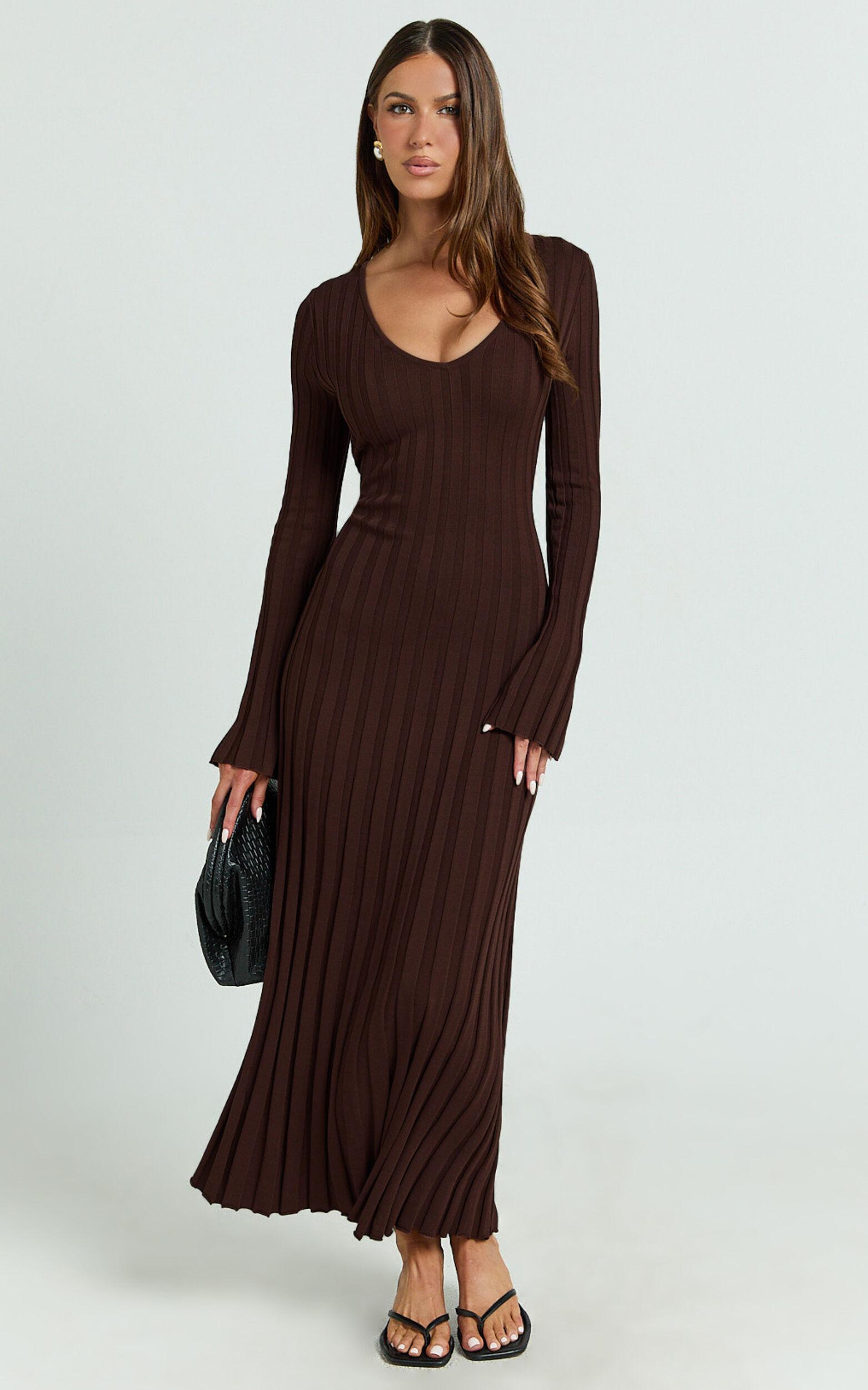 Astra Maxi Dress - V Neck Long Sleeve Knit Dress in Chocolate Product Image