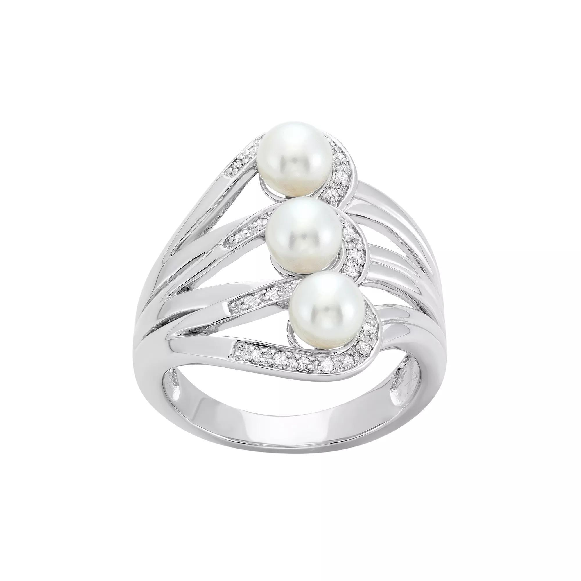 Freshwater Cultured Pearl and 1/10 Carat T.W. Diamond Sterling Silver Openwork Ring, Womens White Product Image