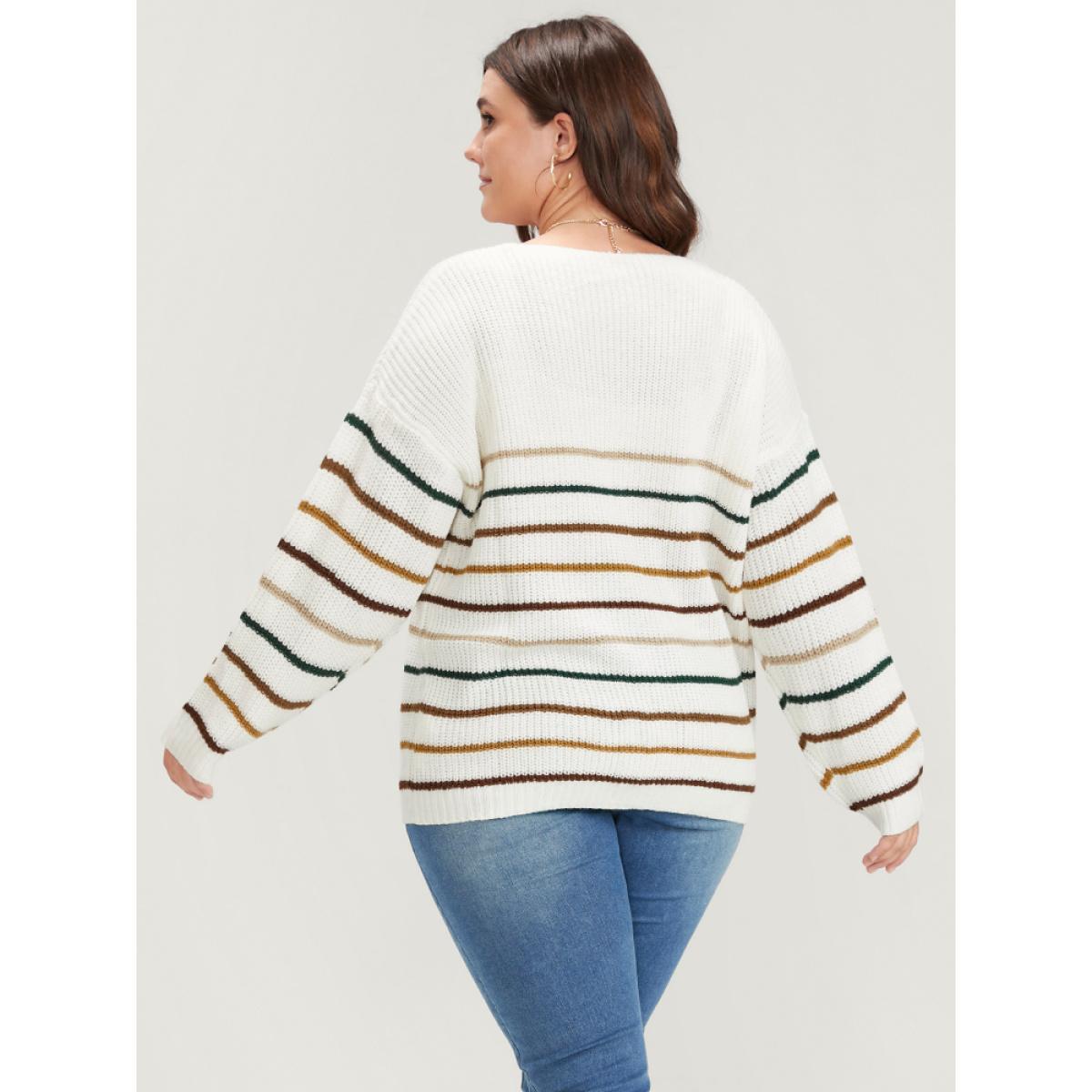 Plus Size Striped Contrast Pointelle Knit V Neck Knit Top White Women Elegant Loose Long Sleeve V-neck Dailywear Pullovers BloomChic 22-24/3X Product Image