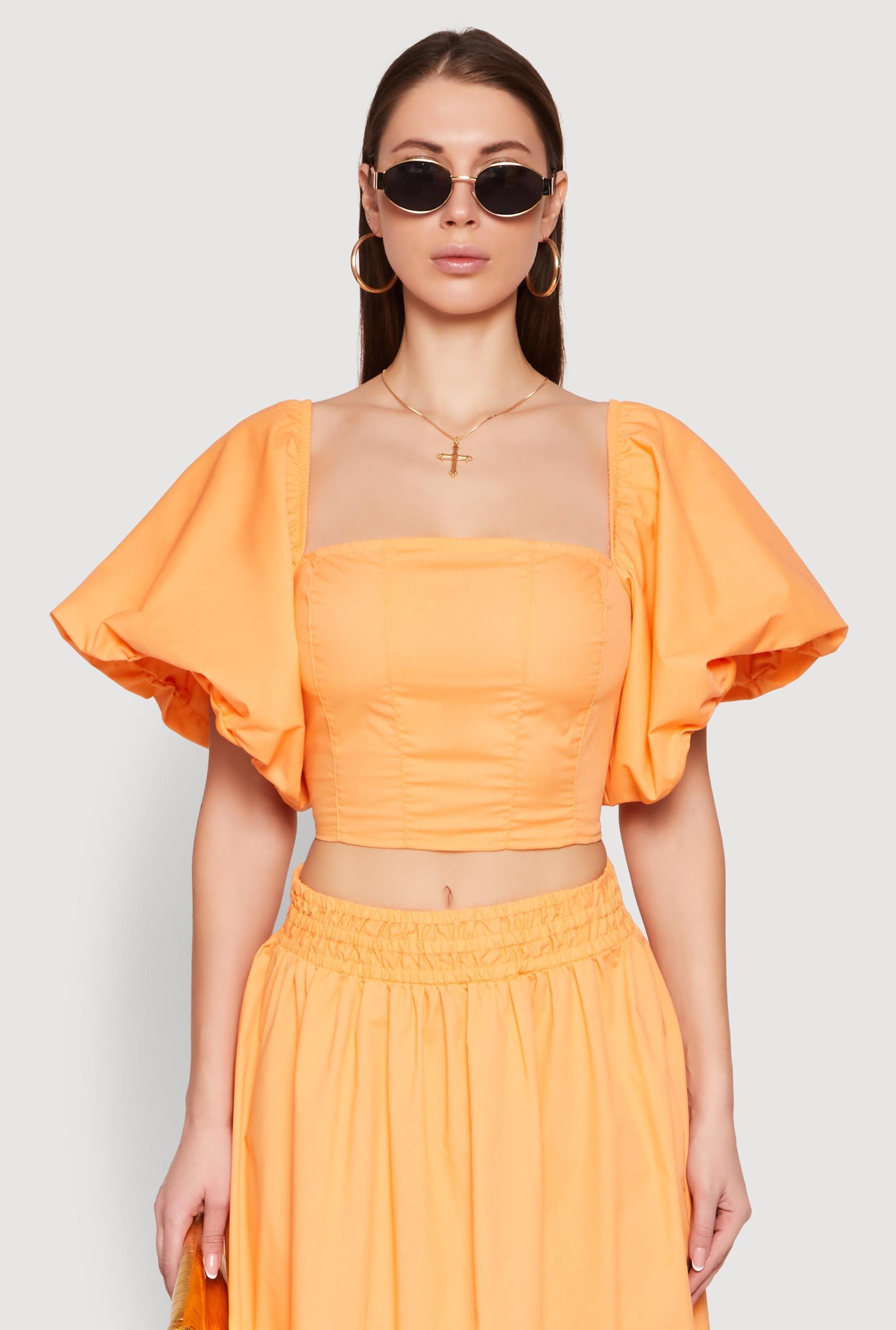 Womens Poplin Puff Sleeve Corset Crop Top Product Image