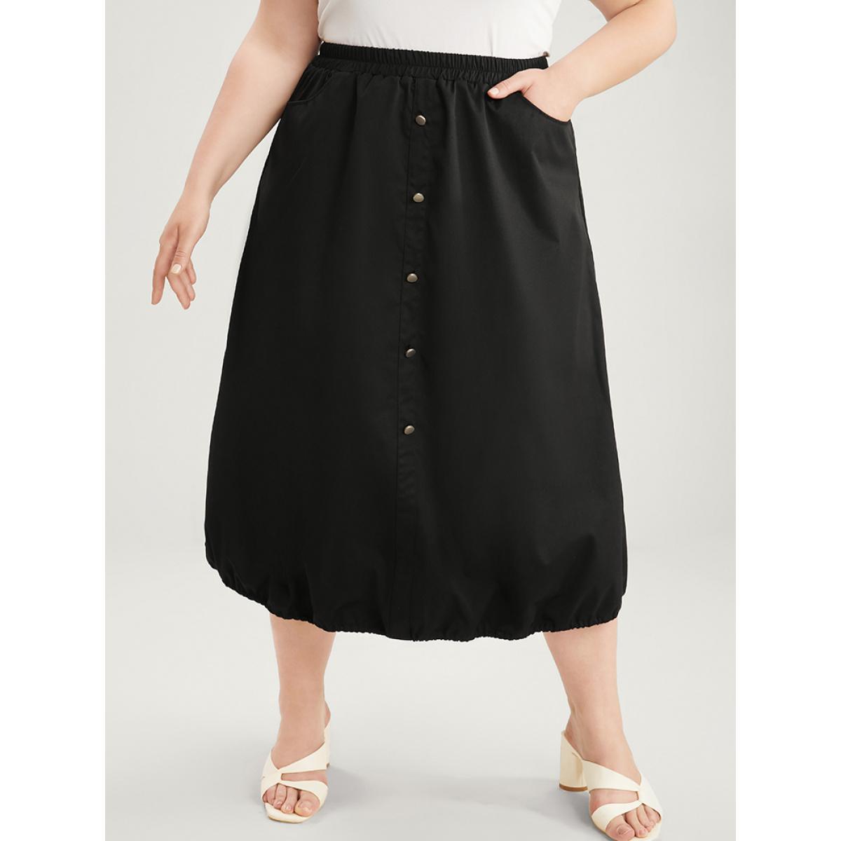 Plus Size Solid Pocket Button Detail Drawstring Hem Skirt Women Black Elegant Drawstring No stretch Pocket Dailywear Skirts BloomChic 26/4X Product Image