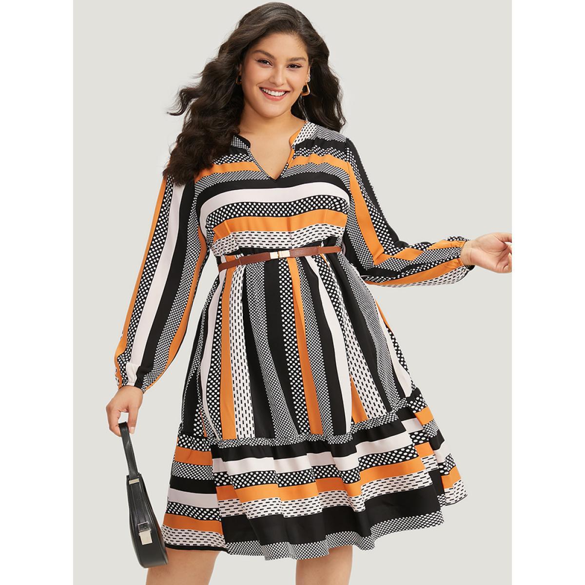Plus Size Polka Dot & Striped Print Notched Pocket Dress Orange Women Office Elastic cuffs Notched collar Long Sleeve Curvy Midi Dress BloomChic 22-24/3X Product Image