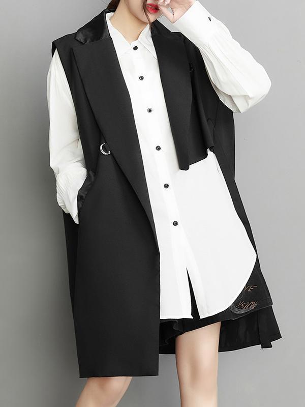 Sleeveless Asymmetric Pockets Tied Notched Collar Vest Outerwear Product Image