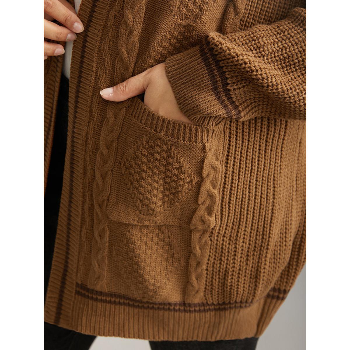 Plus Size Plain Cable Knit Pocket Open Front Cardigan Bronze Women Casual Loose Long Sleeve Dailywear Cardigans BloomChic 14-16/1X Product Image